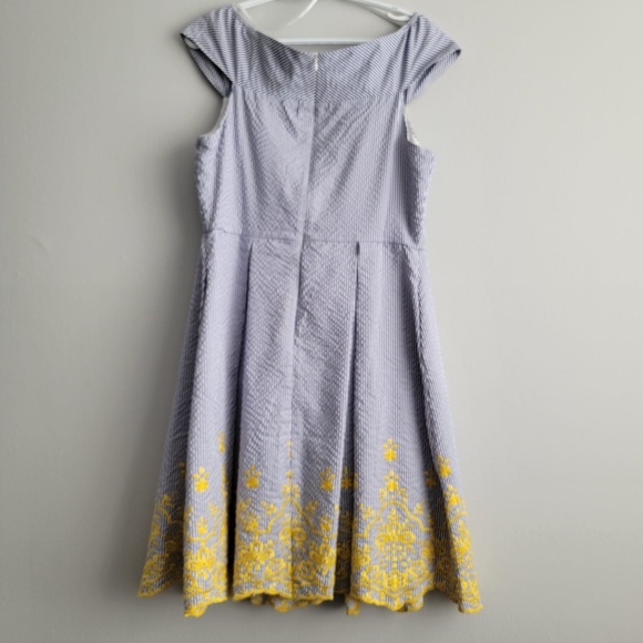 Nicole Miller Studio Embroidered Cotton Dress - Blue Pinstripe, Sunny Yellow Tri - Picture 2 of 3
